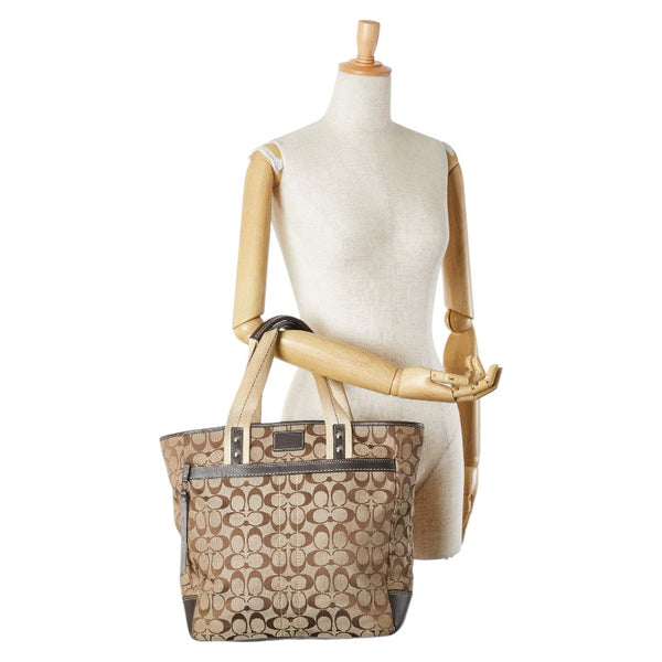 コーチ シグネチャー ハンドバッグ トートバッグ ベージュ ブラウン キャンバス レザー レディース COACH 【中古】