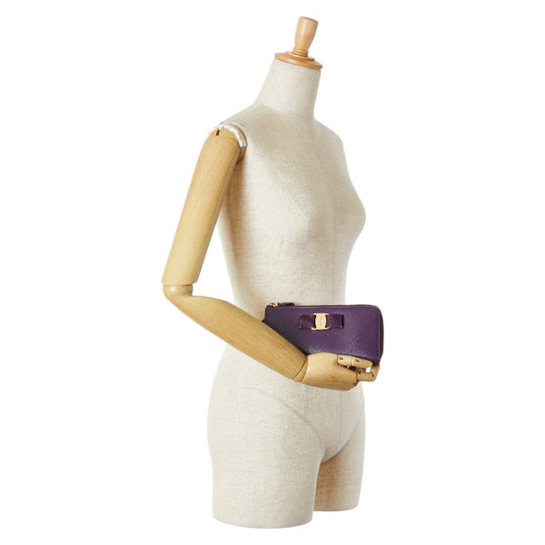 サルヴァトーレフェラガモ ヴァラリボン ラウンドファスナー 長財布 JP-22-C124 パープル レザー レディース Salvatore Ferragamo 【中古】