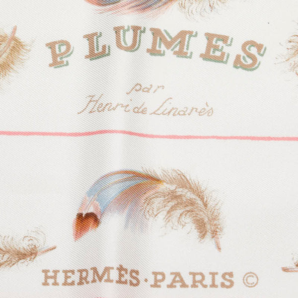 エルメス カレ90 PLUMES 羽 総柄 スカーフ ホワイト マルチカラー シルク レディース HERMES 【中古】