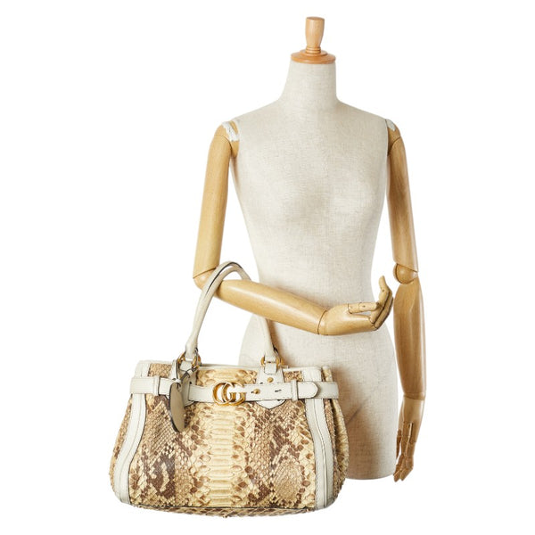 グッチ GGマーモント ヘビ風型押し ハンドバッグ トートバッグ 247183 ベージュ ブラウン パイソン レザー レディース GUCCI 【中古】