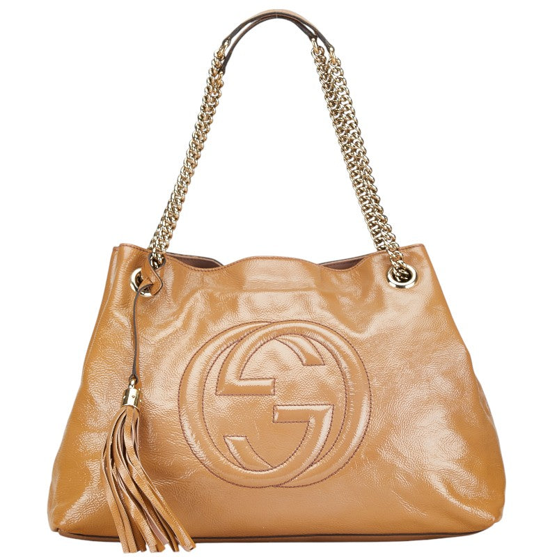 グッチ インターロッキングG ソーホー  チェーン ショルダーバッグ 308982 ベージュ エナメル レザー レディース GUCCI 【中古】