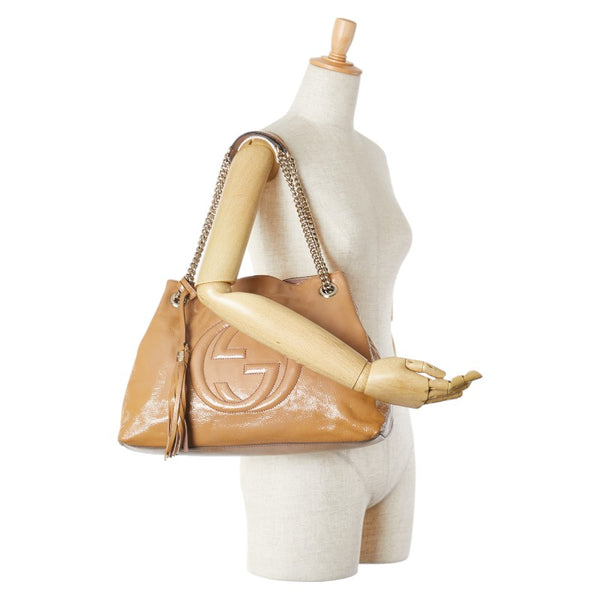 グッチ インターロッキングG ソーホー  チェーン ショルダーバッグ 308982 ベージュ エナメル レザー レディース GUCCI 【中古】