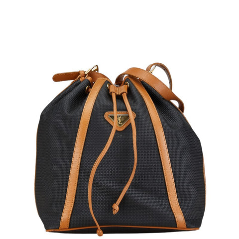 サンローラン YSLプレート ショルダーバッグ 巾着バッグ ブラック ブラウン PVC レザー レディース SAINT LAURENT 【中古】