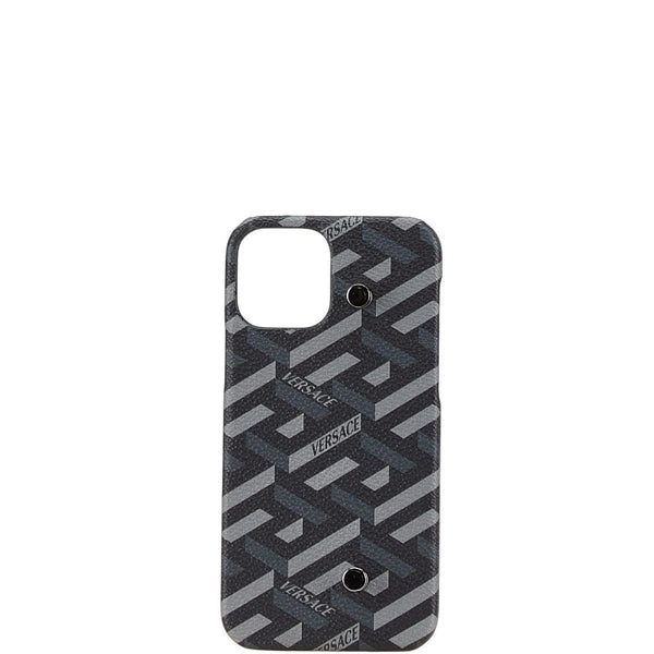 ヴェルサーチェ La Greca iPhone 12 専用ケース スマホケース ブラック グレー レザー レディース VERSACE 【中古】