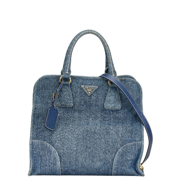 プラダ 三角ロゴプレート ハンドバッグ ショルダーバッグ 2WAY インディゴブルー デニム レディース PRADA 【中古】