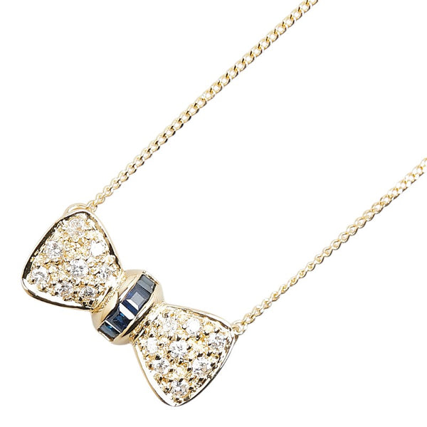 K18YG イエローゴールド サファイア ダイヤ0.28ct リボン モチーフ ペンダントネックレス レディース 【中古】