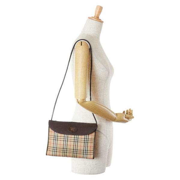 バーバリー ノバチェック シャドーホース ロゴ ショルダーバッグ ベージュ ブラウン キャンバス レザー レディース BURBERRY 【中古】