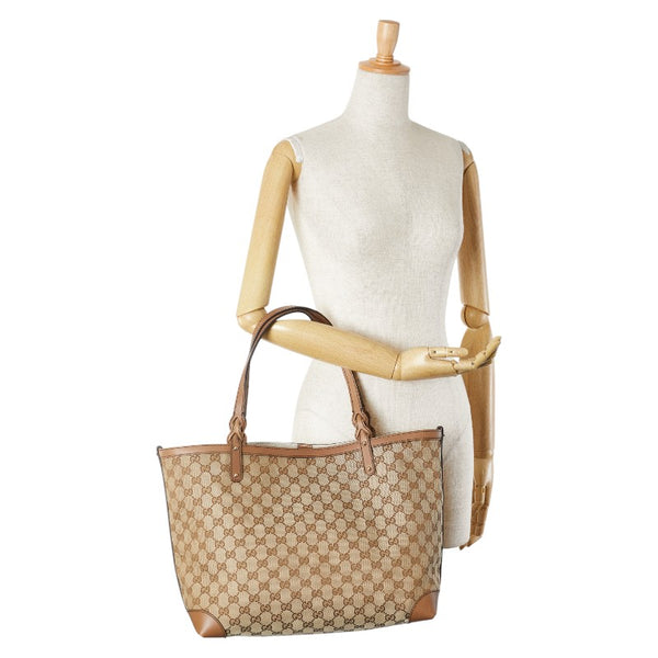 グッチ GGキャンバス トートバッグ ベージュ ブラウン キャンバス レザー レディース GUCCI 【中古】