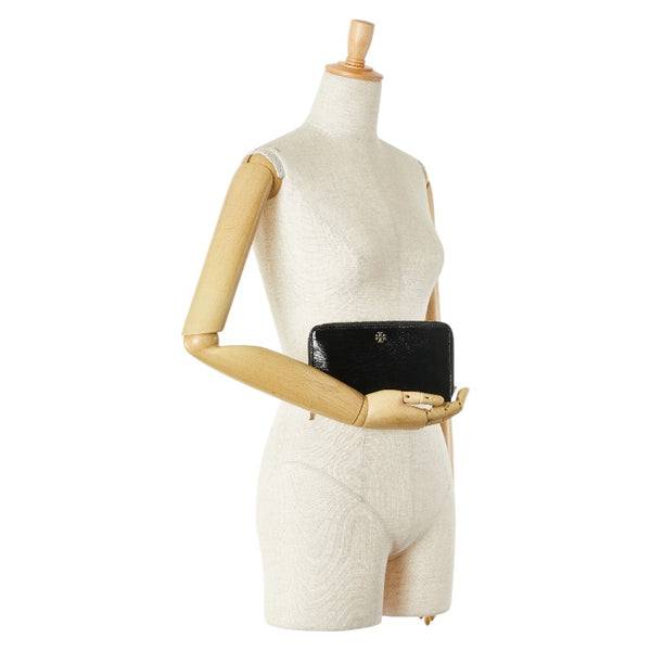 トリーバーチ ロゴ金具 ラウンドファスナー 長財布 ブラック エナメル レディース Tory Burch 【中古】