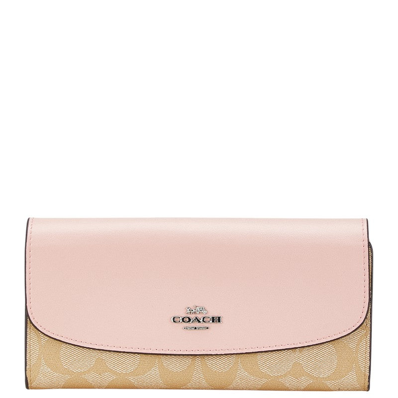 コーチ シグネチャー 長財布 ピンク ベージュ PVC レザー レディース COACH 【中古】