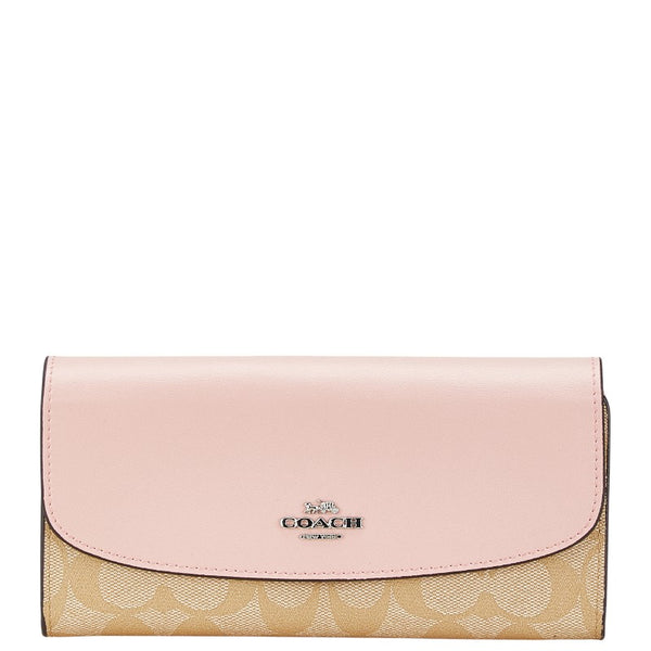 コーチ シグネチャー 長財布 ピンク ベージュ PVC レザー レディース COACH 【中古】