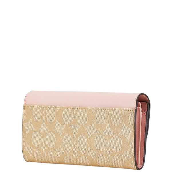 コーチ シグネチャー 長財布 ピンク ベージュ PVC レザー レディース COACH 【中古】