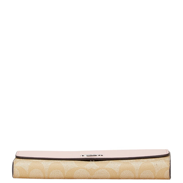 コーチ シグネチャー 長財布 ピンク ベージュ PVC レザー レディース COACH 【中古】