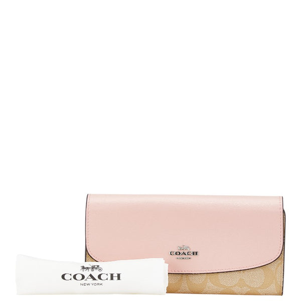コーチ シグネチャー 長財布 ピンク ベージュ PVC レザー レディース COACH 【中古】