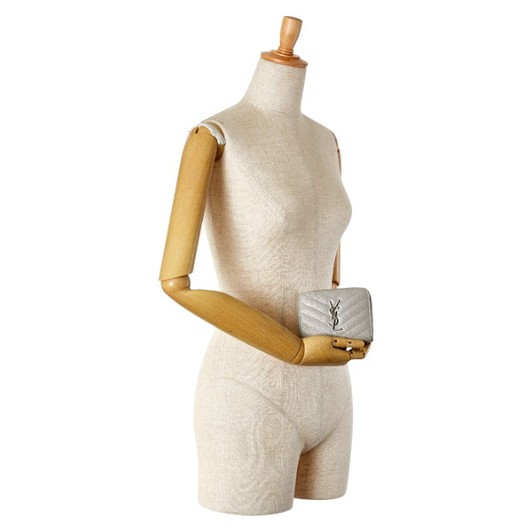 サンローラン モノグラム キルティング 二つ折り財布 コンパクトウォレット 403723 グレー レザー レディース SAINT LAURENT 【中古】