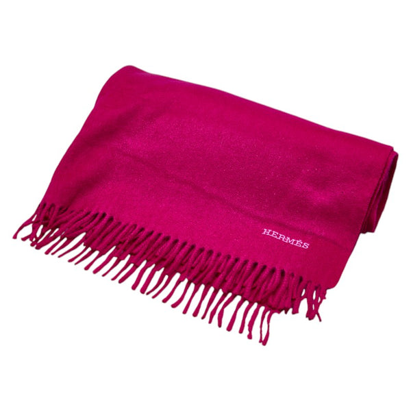 エルメス ロゴ フリンジ ショール マフラー ピンク カシミヤ レディース HERMES 【中古】