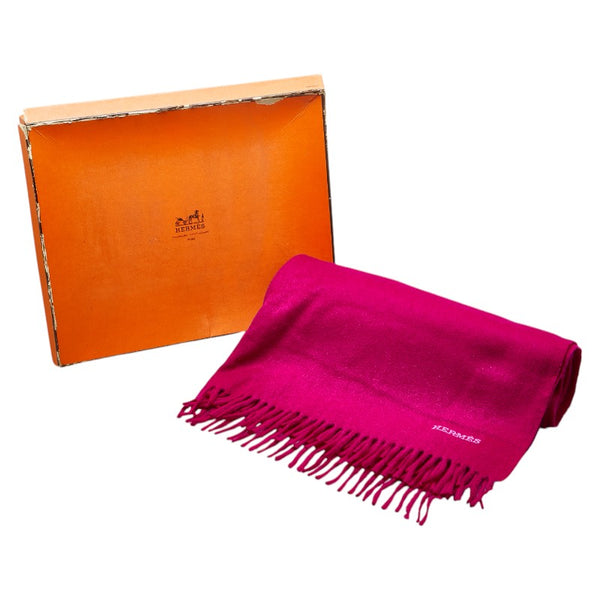 エルメス ロゴ フリンジ ショール マフラー ピンク カシミヤ レディース HERMES 【中古】