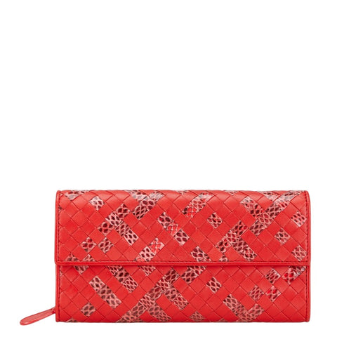 ボッテガヴェネタ イントレチャート 長財布 レッド  レザー パイソン レディース BOTTEGAVENETA 【中古】