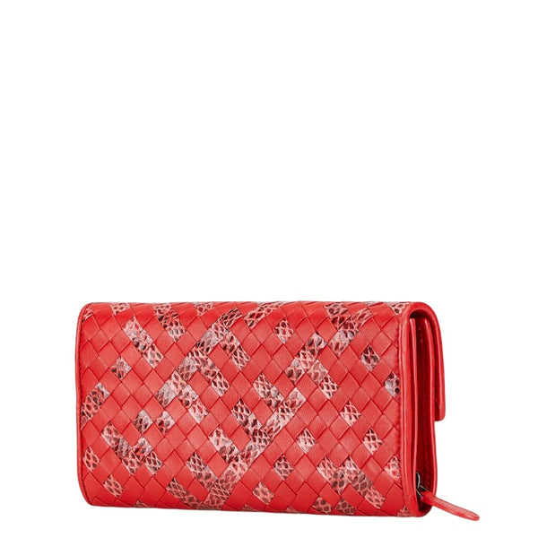 ボッテガヴェネタ イントレチャート 長財布 レッド  レザー パイソン レディース BOTTEGAVENETA 【中古】