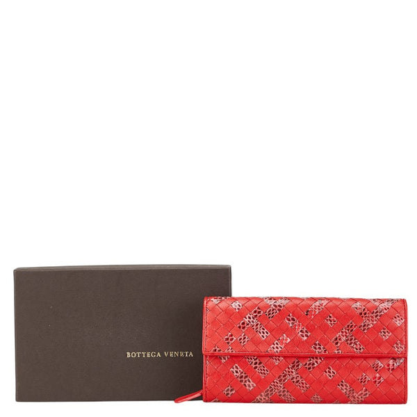 ボッテガヴェネタ イントレチャート 長財布 レッド  レザー パイソン レディース BOTTEGAVENETA 【中古】
