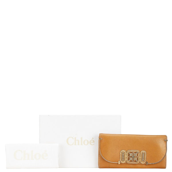 クロエ ラインストーン 長財布 ブラウン ゴールド レザー レディース Chloe 【中古】