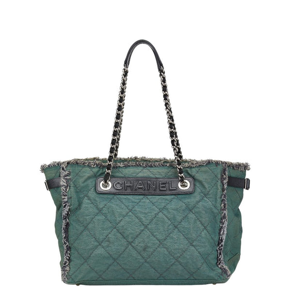 シャネル ワイルドステッチ ロゴ チェーン トートバッグ グリーン ブラック キャンバス レザー レディース CHANEL 【中古】