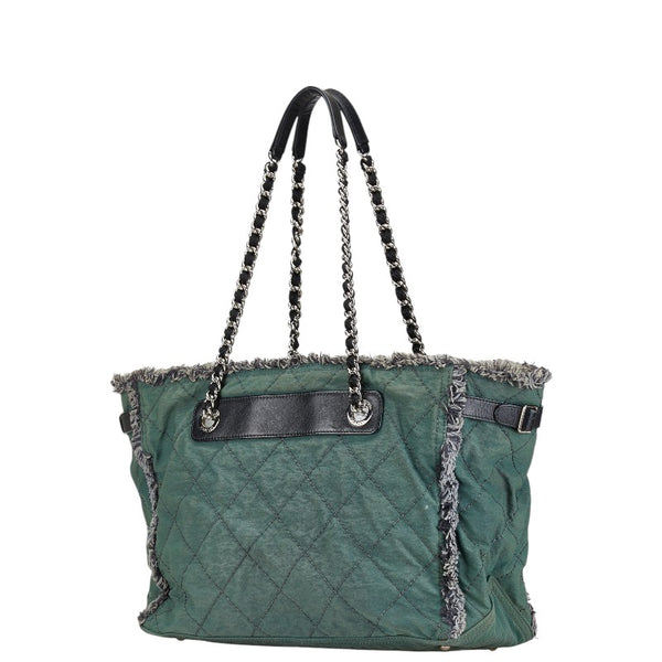 シャネル ワイルドステッチ ロゴ チェーン トートバッグ グリーン ブラック キャンバス レザー レディース CHANEL 【中古】