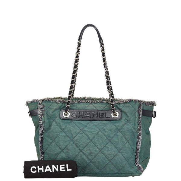 シャネル ワイルドステッチ ロゴ チェーン トートバッグ グリーン ブラック キャンバス レザー レディース CHANEL 【中古】