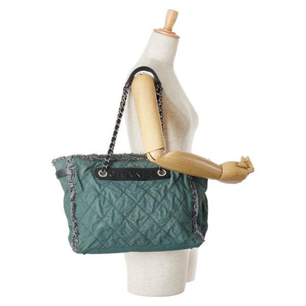 シャネル ワイルドステッチ ロゴ チェーン トートバッグ グリーン ブラック キャンバス レザー レディース CHANEL 【中古】