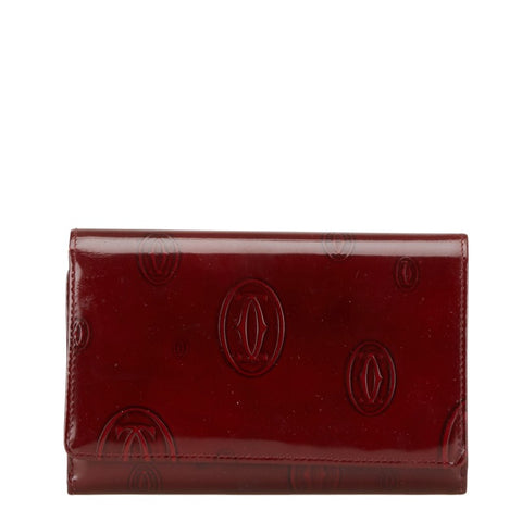 カルティエ ハッピーバースデー 二つ折り財布 ワインレッド ボルドー エナメル レディース CARTIER 【中古】