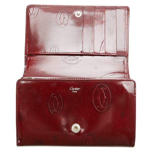 カルティエ ハッピーバースデー 二つ折り財布 ワインレッド ボルドー エナメル レディース CARTIER 【中古】