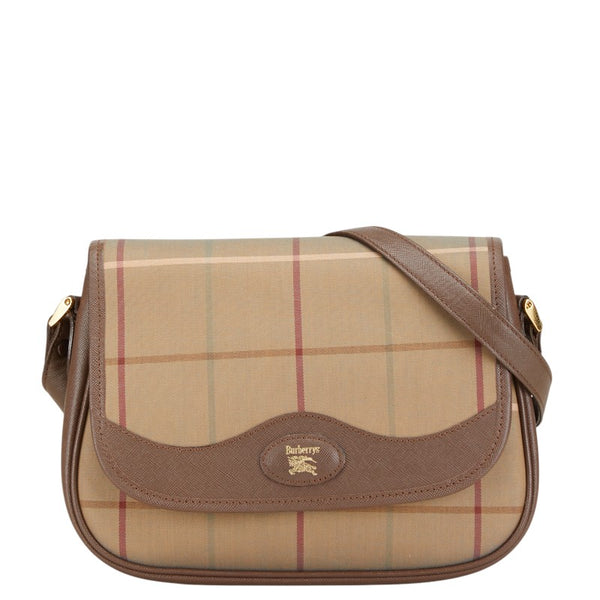 バーバリー チェック ロゴ ショルダーバッグ カーキ ブラウン キャンバス レザー レディース BURBERRY 【中古】