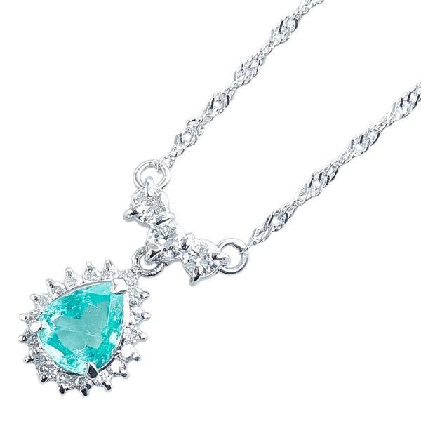 Pt900 プラチナ Pt850 プラチナ エメラルド0.65ct ダイヤ0.35ct リボン ティアドロップ 雫 モチーフ ネックレス レディース 【中古】