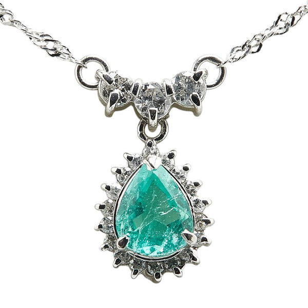 Pt900 プラチナ Pt850 プラチナ エメラルド0.65ct ダイヤ0.35ct リボン ティアドロップ 雫 モチーフ ネックレス レディース 【中古】