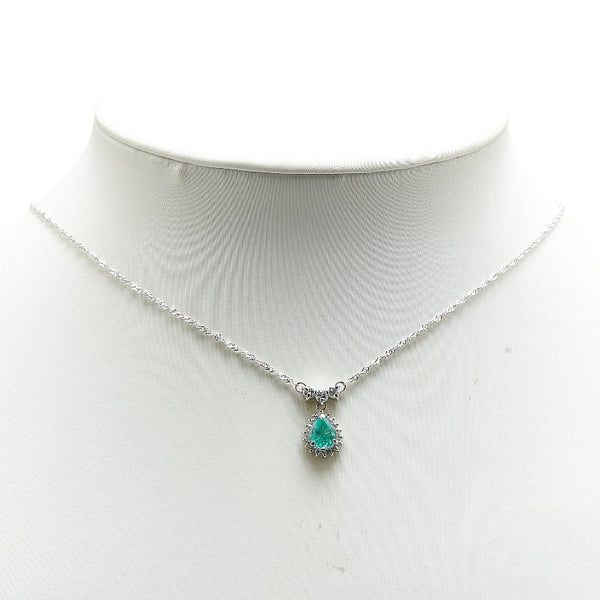 Pt900 プラチナ Pt850 プラチナ エメラルド0.65ct ダイヤ0.35ct リボン ティアドロップ 雫 モチーフ ネックレス レディース 【中古】