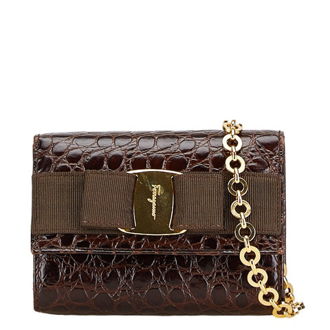 サルヴァトーレフェラガモ ヴァラリボン がま口 チェーン ミニショルダーバッグ AQ213202 ブラウン レザー レディース Salvatore Ferragamo 【中古】