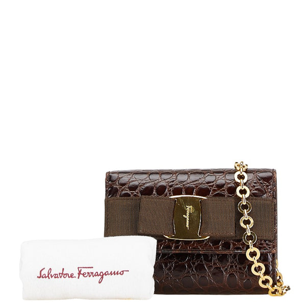 サルヴァトーレフェラガモ ヴァラリボン がま口 チェーン ミニショルダーバッグ AQ213202 ブラウン レザー レディース Salvatore Ferragamo 【中古】