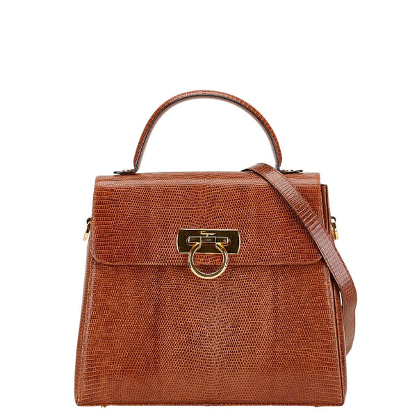サルヴァトーレフェラガモ ガンチーニ ショルダーバッグ ハンドバッグ 2WAY E210536 ブラウン リザード レディース Salvatore Ferragamo 【中古】