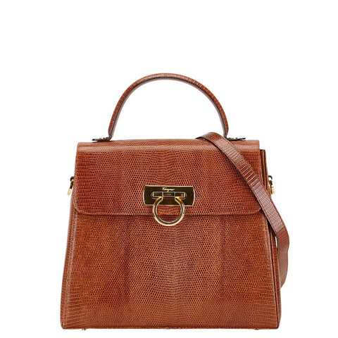サルヴァトーレフェラガモ ガンチーニ ショルダーバッグ ハンドバッグ 2WAY E210536 ブラウン リザード レディース Salvatore Ferragamo 【中古】