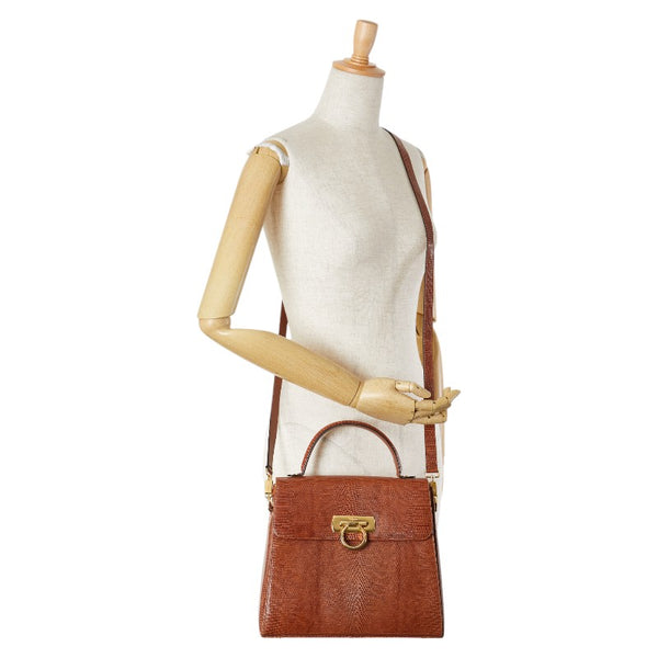 サルヴァトーレフェラガモ ガンチーニ ショルダーバッグ ハンドバッグ 2WAY E210536 ブラウン リザード レディース Salvatore Ferragamo 【中古】