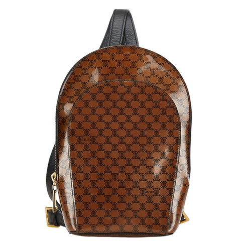 セリーヌ マカダム リュック バックパック ブラウン ブラック エナメル レザー レディース CELINE 【中古】