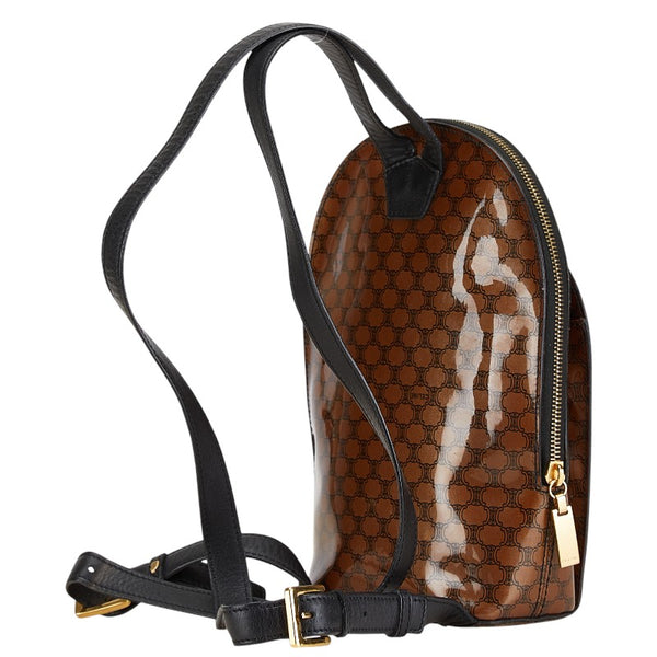 セリーヌ マカダム リュック バックパック ブラウン ブラック エナメル レザー レディース CELINE 【中古】