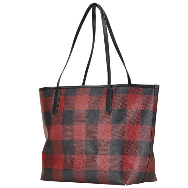 コーチ チェック バッファロー プラッド プリント ハンドバッグ トートバッグ C7271 SVS66 ブラック レッド PVC レザー レディース COACH 【中古】