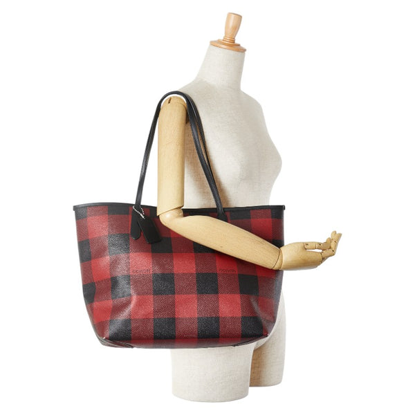 コーチ チェック バッファロー プラッド プリント ハンドバッグ トートバッグ C7271 SVS66 ブラック レッド PVC レザー レディース COACH 【中古】