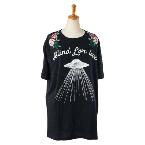 グッチ BLIND FOR LOVE UFO プリント フラワー 花 刺繍 半袖Ｔシャツ サイズ：L 469307 ブラック マルチカラー コットン メンズ GUCCI 【中古】