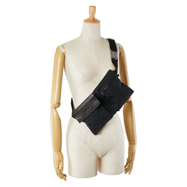 グッチ GGキャンバス ウエストバッグ ボディバッグ 28566 ネイビー ブラック キャンバス レザー レディース GUCCI 【中古】