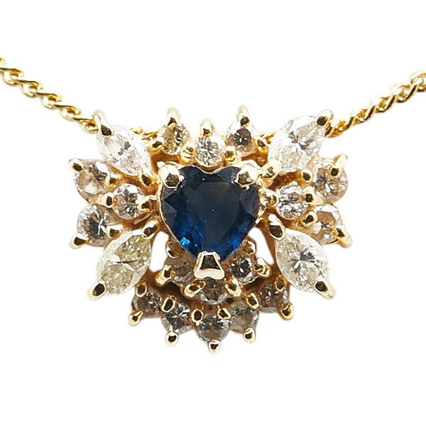 K18YG イエローゴールド サファイア0.32ct ダイヤ0.30ct ハート モチーフ ペンダントネックレス レディース 【中古】