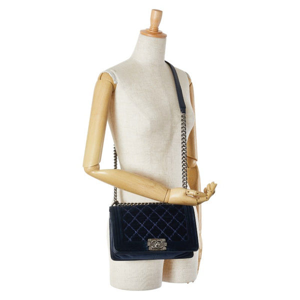 シャネル マトラッセ ボーイシャネル25 チェーン ショルダーバッグ ネイビー ベロア レディース CHANEL 【中古】