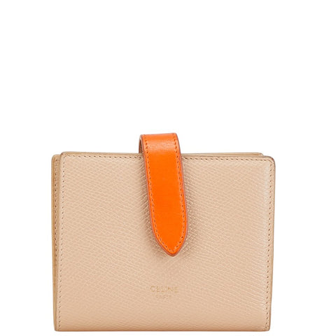 セリーヌ スモール ストラップウォレット 二つ折り財布 コンパクトウォレット ベージュ オレンジ レザー レディース CELINE 【中古】