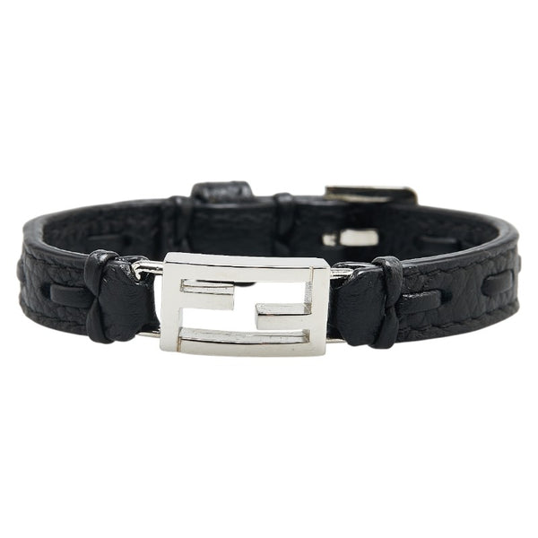 フェンディ FFロゴ バゲット ブレスレット ブラック シルバー レザー メタル レディース FENDI 【中古】